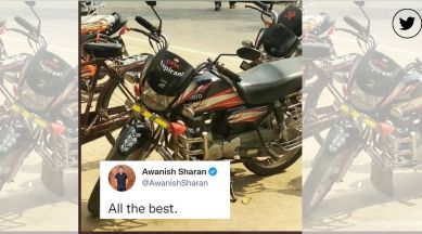 UPSC aspirant, IAS officer, Awanish Sharan, Twitter, funny tweet, vehicle, motorbike sticker, amusing, viral, trending, Indian Express