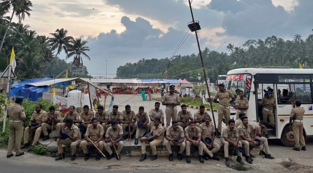 Police officers are deployed as fishermen protest near the entrance of the proposed Vizhinjam Port in Kerala. (REUTERS, file)