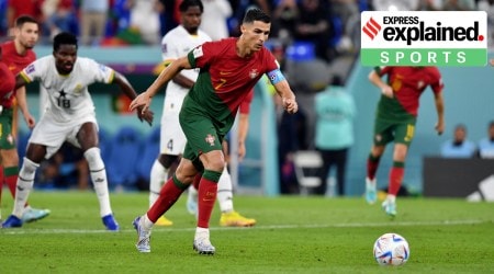 Portugal's Cristiano Ronaldo scores their first goal from the penalty spot.