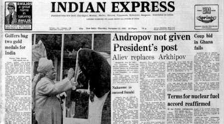 Japan prime minister Yasuhiro Nakasone, Ghana Coup Crushed, France India talks, India at Asiad, Brezhnev Successor, indian express