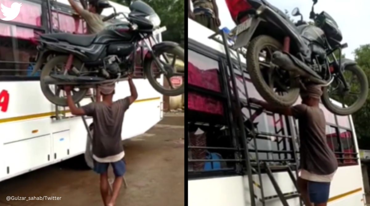 man balances bike on head, bike on head, man climbs bus ladder with bike on head, indian express