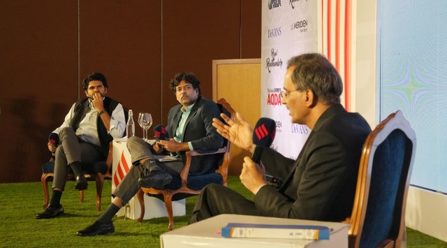 (From right) V Anantha Nageswaran, Chief Economic Advisor, with P Vaidyanathan Iyer, Executive Editor, The Indian Express, and Anant Goenka, Executive Director, The Indian Express Group, in New Delhi on Friday. (Express Photo by Renuka Puri)