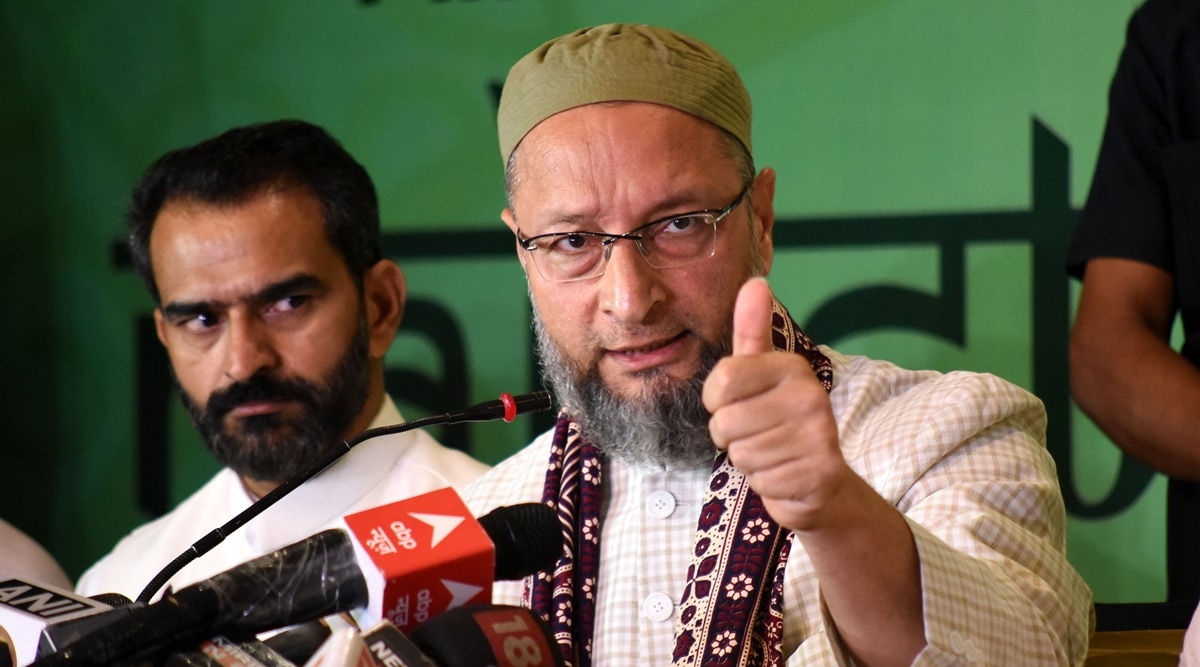 FILE-AIMIM President Asaduddin Owaisi addresses a press conference in Jaipur on Tuesday, 31/05/2022. AIMIM will be contesting in MCD polls. (Express Photo by Rohit Jain)