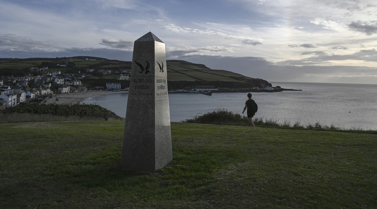 A coastal marker for 'Raad ny Foillan', Manx for 'The Way of the Gull' which is a path that goes around the island, in Port Erin on the Isle of Man (The New York Times)