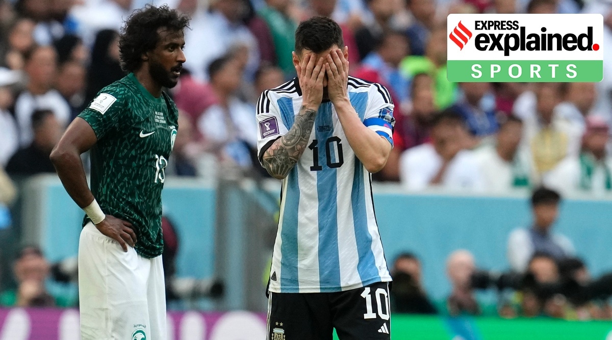 Argentina's Lionel Messi reacts disappointed during the World Cup group C soccer match between Argentina and Saudi Arabia.
