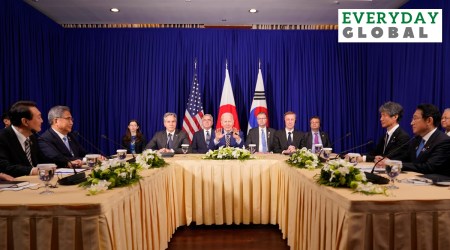 US President Joe Biden, center, meets with South Korean President Yoon Suk Yeol, left, and Japanese Prime Minister Fumio Kishida, right, on the sidelines of the Association of Southeast Asian Nations (ASEAN) summit, Sunday, Nov. 13, 2022, in Phnom Penh, Cambodia. (AP Photo)