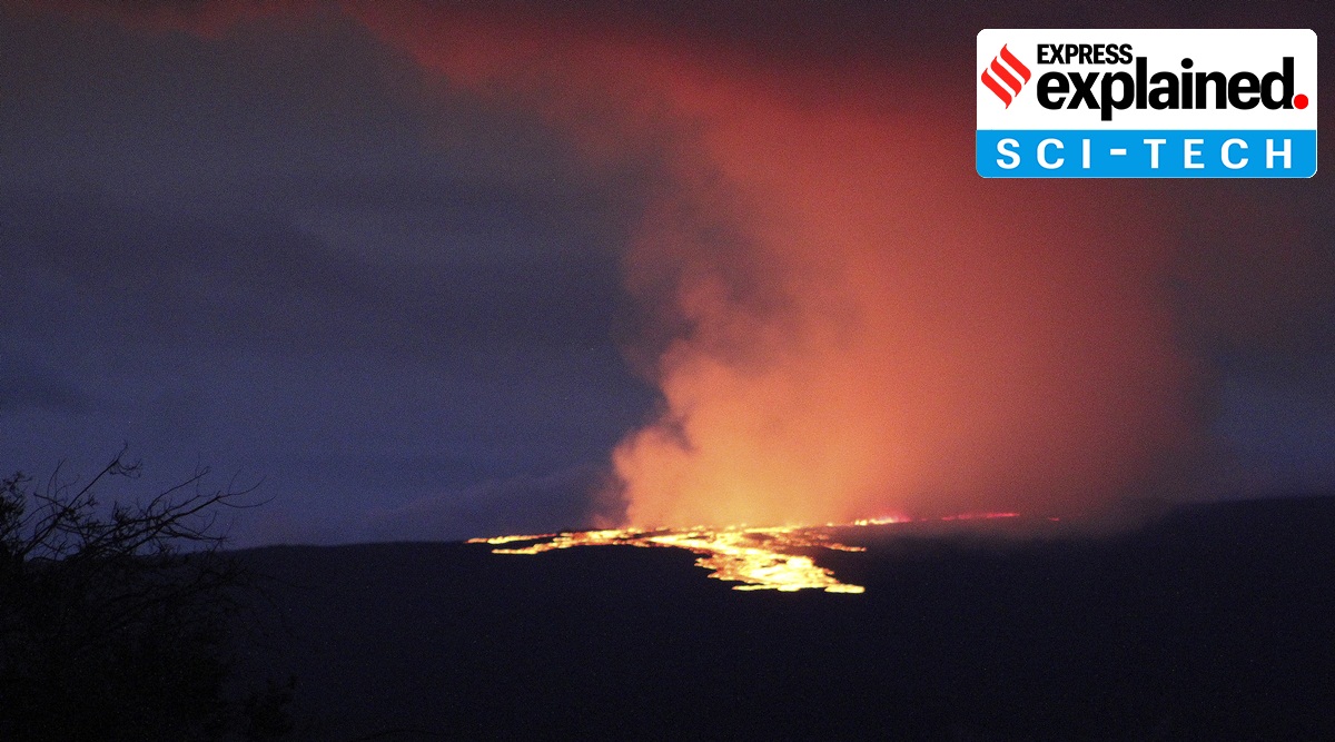 Lava pours out of the summit crater of Mauna Loa.