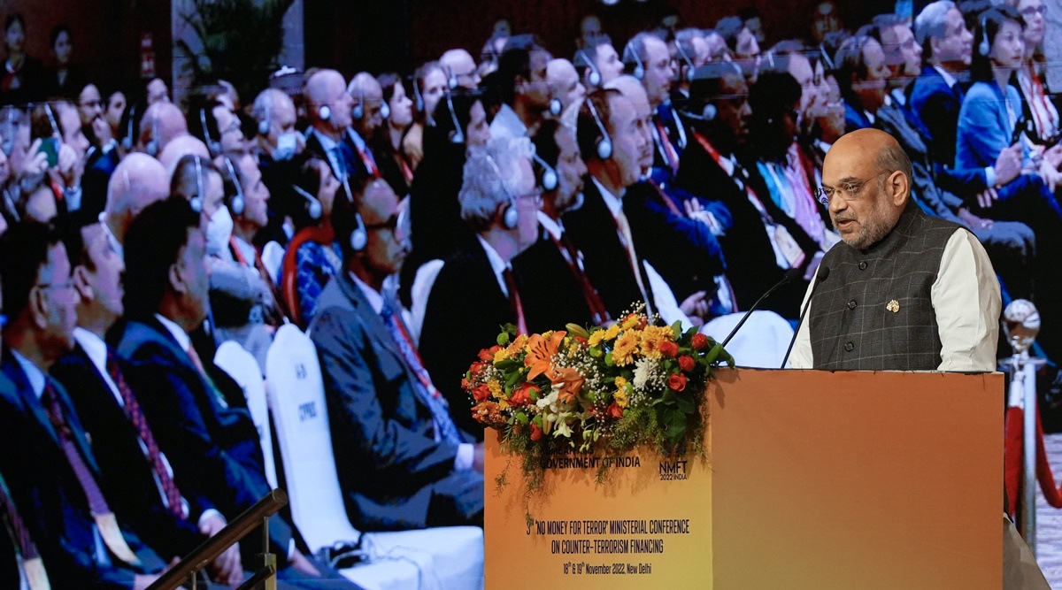 Union Home Minister Amit Shah speaks during the third 'No Money for Terror' Ministerial Conference on Counter-Terrorism Financing, in New Delhi, Saturday, Nov. 19, 2022. (PTI)