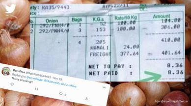 farmer travels 415 km, farmer gets Rs 8 for 205 kg onion, Rs 8 for 205 kg onion, onion price, onion price in Karnataka, indian express