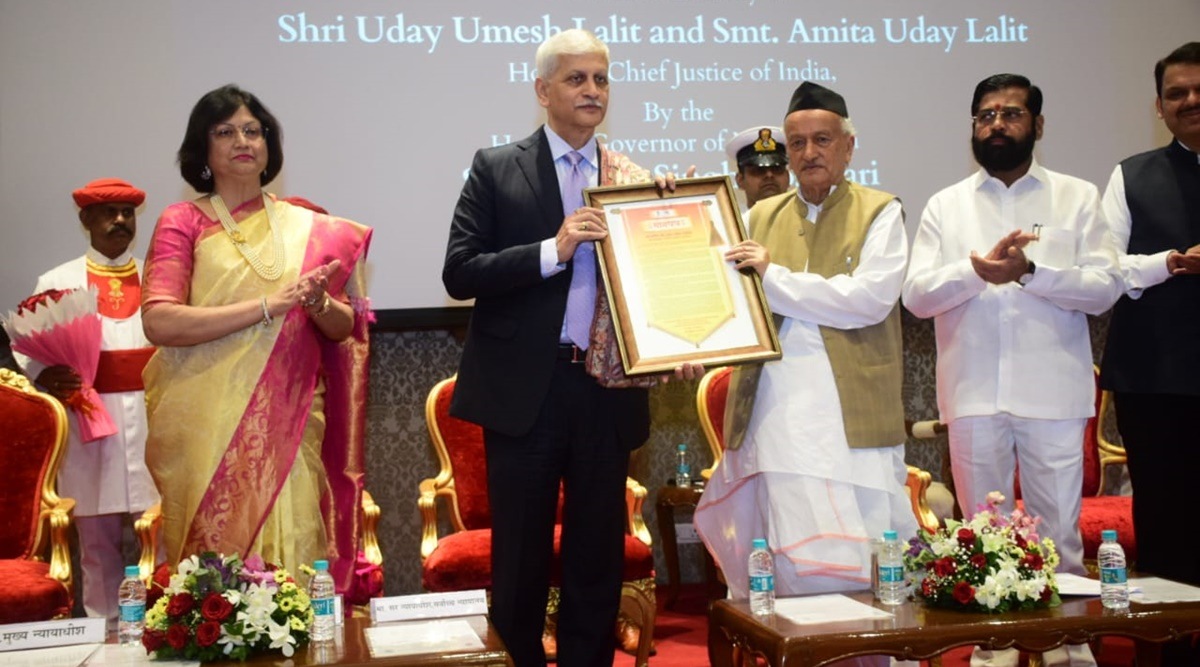 Chief Justice of India (CJI) Uday Umesh Lalit, Maharashtra Governor Bhagat Singh Koshyari, Chief Minister Eknath Shinde, Deputy Chief Minister Devendra Fadnavis at a felicitation ceremony in Mumbai on 5.11.22, Saturday.(Photo credit to Governor's office/Raj Bhavan)