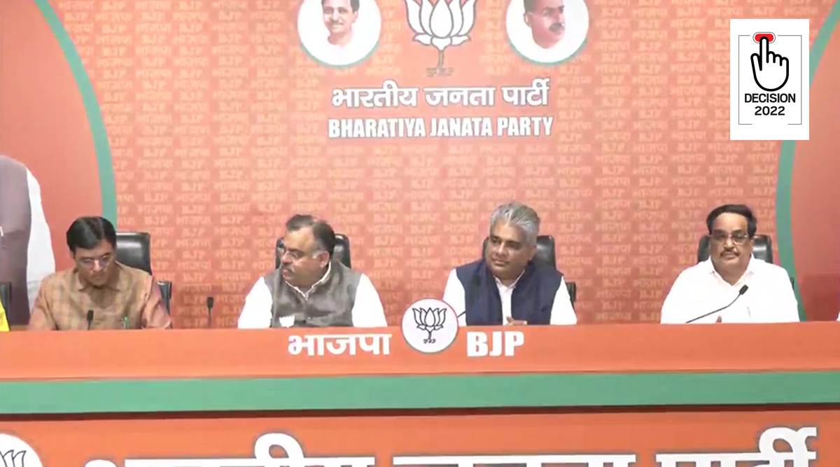 BJP leaders Shri Mansukh Mandaviya, Shri Bhupender Yadav and Shri CR Patil announcing BJP candidates fro the upcoming Gujarat Polls in Delhi. (Photo:ANI)