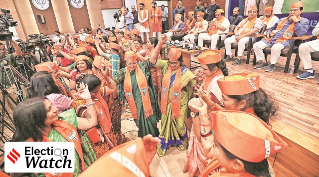 BJP workers at the launch of campaign song and slogan on Monday. (Express photo by Nirmal Harindran)