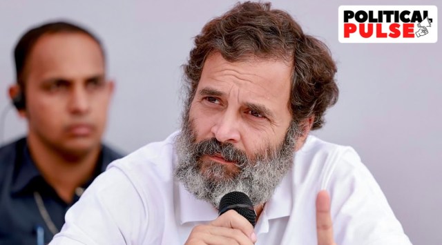 Congress leader Rahul Gandhi during his interaction with people displaced due to various government projects, in Khargone district. (PTI Photo)