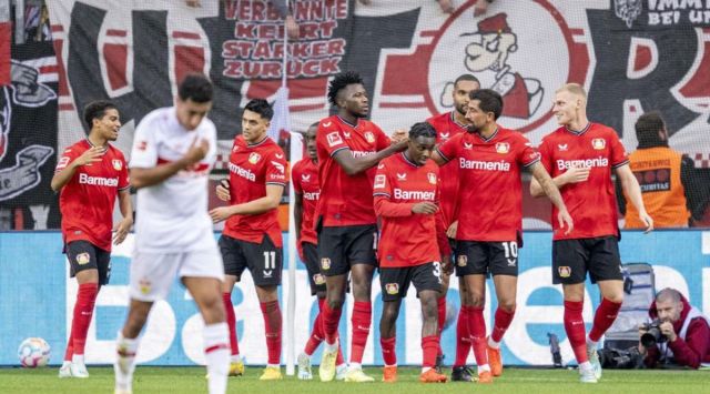 Leverkusen's players celebrate the opening goal during the German Bundesliga soccer match between Bayer 04 Leverkusen and VfB Stuttgart . (AP) 