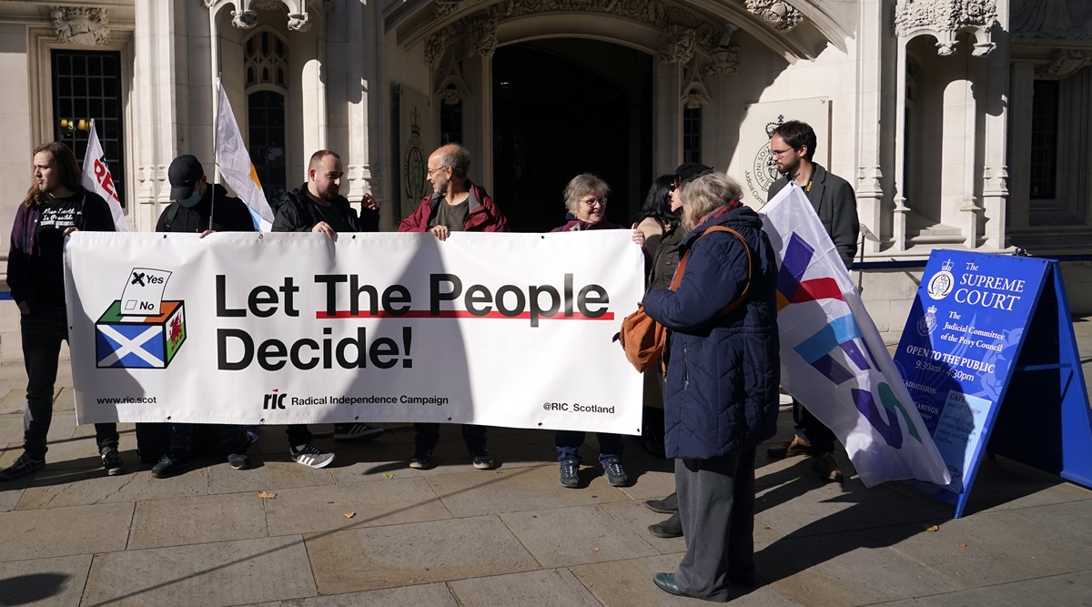 Supporters of Scottish Independence hold a banner outside the Supreme Court in London, Tuesday, Oct. 11, 2022. (AP/FILE Photo)