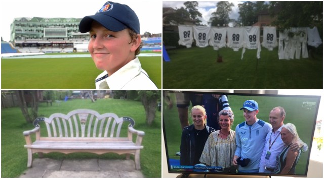(Clockwise from left): Close up of Harry aged 13; Grandma garden washing line with his shirts drying; Harry with his family (girlfriend, mother, grandma and father David) after getting his test cap; The bench made by his late grandfather. (Credit: David Cooper, Harry Brook's coach)