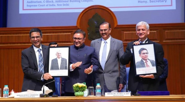 CJI UU Lalit (right) with Justice DY Chandrachud (left) at the farewell ceremony on Monday. (PTI)