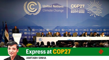 Sameh Shoukry, president of the COP27 climate summit, speaks during the opening session of the summit on Sunday. (Photo: AP)