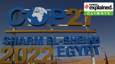 Signage promoting this year’s United Nations global summit on climate change, known as COP27, adorns Peace Road, is displayed in Sharm el-Sheikh, South Sinai, Egypt, Wednesday, Nov. 2, 2022. (AP Photo/Thomas Hartwell)