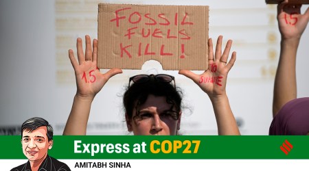 A demonstrator holds a sign reading "fossil fuels kill!" at the COP27 U.N. Climate Summit, Wednesday, Nov. 16, 2022, in Sharm el-Sheikh, Egypt. (AP)