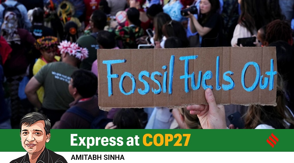 A sign reading "fossil fuels out" is displayed during a demonstration at the COP27 U.N. Climate Summit, November 12, 2022, in Sharm el-Sheikh, Egypt. (AP)