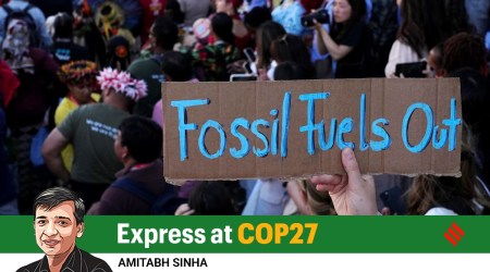 A sign reading "fossil fuels out" is displayed during a demonstration at the COP27 U.N. Climate Summit, November 12, 2022, in Sharm el-Sheikh, Egypt. (AP)