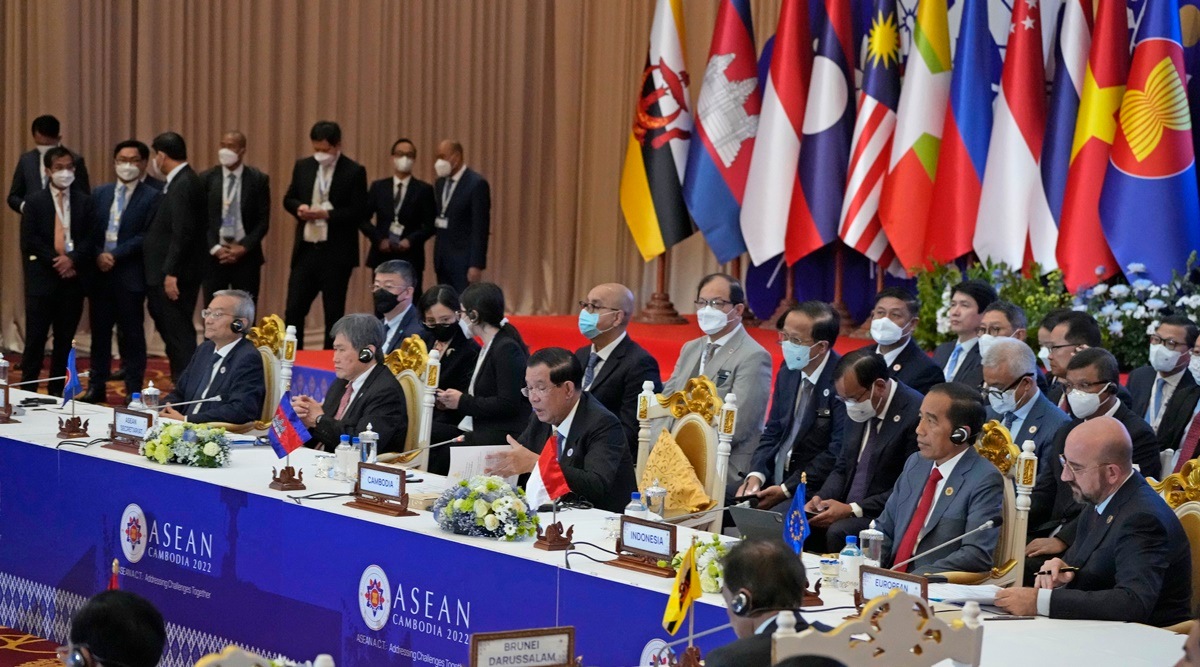 Cambodia's Prime Minister Hun Sen, center, speaks during the  ASEAN Australia-New Zealand Trade Area (AANZTA) in Phnom Penh, Cambodia, Sunday, Nov. 13, 2022. (AP Photo)