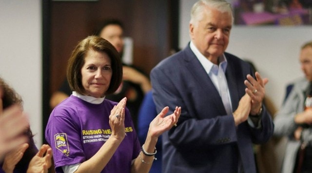 Governor Steve Sisolak joins a rally to support Democratic Senator Catherine Cortez Masto on election day for the midterm elections in Las Vegas, Nevada, US, November 8, 2022. (REUTERS)