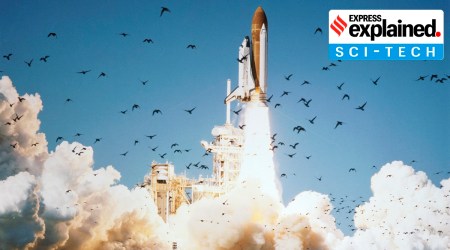 This photo shows the space shuttle Challenger lifting off with a crew of seven astronauts in Cape Canaveral, Florida, on Jan. 28, 1986. (Credit: NASA)