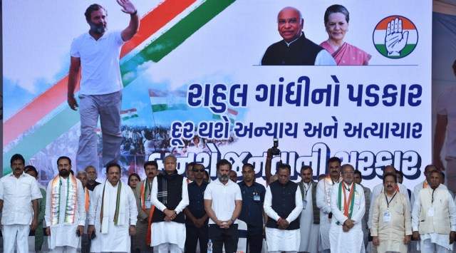 Congress leaders in Rajkot observe a two-minute silence to pay tribute to the victims of Morbi tragedy. (Express Photo)