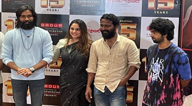 Dhanush and team at 15 years of Polladhavan meet (Divay Spandana/Twitter)