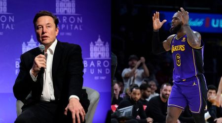 Elon Musk speaks at the 29th Annual Baron Investment Conference in New York; Los Angeles Lakers forward LeBron James (right) reacts to a foul call. (AP)