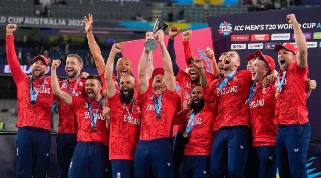 England celebrate with their trophy after defeating Pakistan in the final of the T20 World Cup cricket at the Melbourne Cricket Ground in Melbourne, Australia, Sunday, Nov. 13, 2022. (AP Photo/Mark Baker)