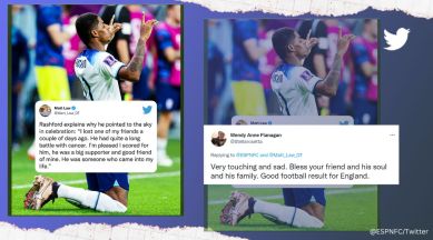 FIFA World Cup 2022, Marcus Rashford, England v Wales, Rashford points towards sky, freekick, football, viral, trending, Indian Express