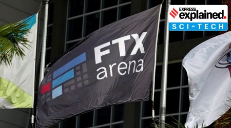 The logo of FTX is seen on a flag at the entrance of the FTX Arena in Miami, Florida, US, November 12, 2022. (REUTERS)