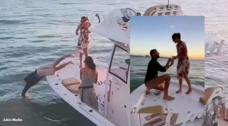 Florida man plunges into water to retrieve the ring, Florida proposal goes wrong, man jumps in water and finds engagement ring, funny wholesome proposal videos, viral proposal videos, indian express