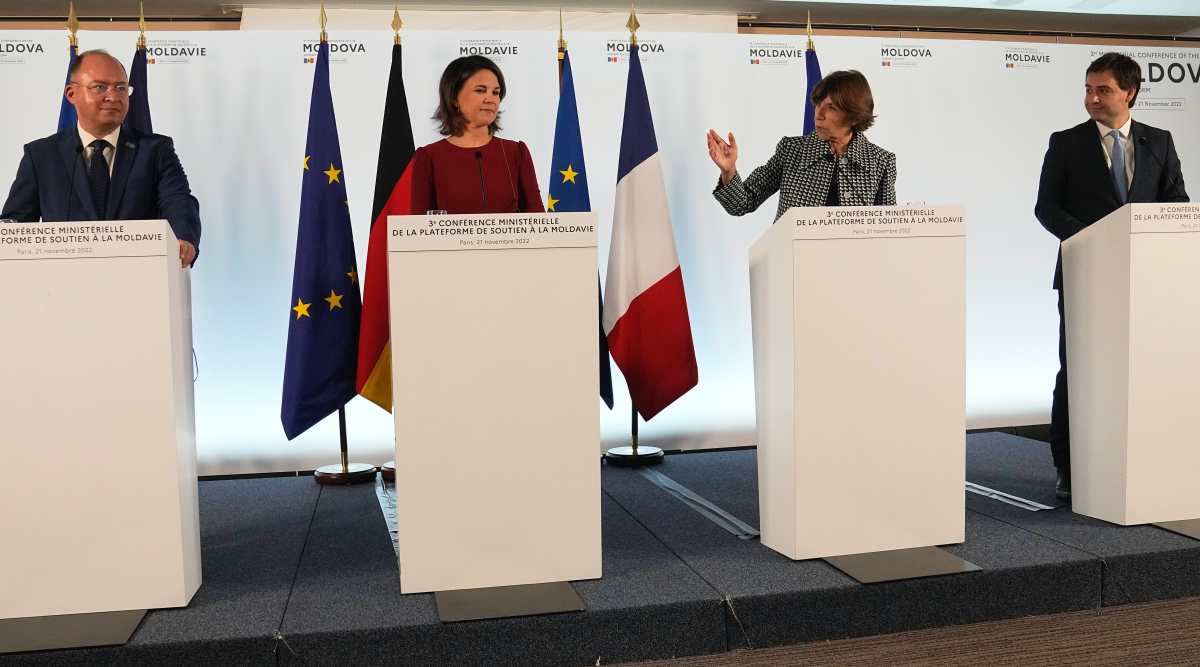 French Foreign Minister Catherine Colonna, second right, Germany's Foreign Minister Annalena Baerbock, second left, Moldova's Foreign Minister Nicu Popescu, right, and Romania's Foreign minister Bogdan Aurescu attend a press conference, Monday, Nov. 21, 2022 in Paris. Diplomats are drumming up money and other support for Europe's poorest country: Moldova, which is suffering massive blackouts, heavy refugee flows and potential security threats from the war in neighboring Ukraine. (AP Photo/Michel Euler)