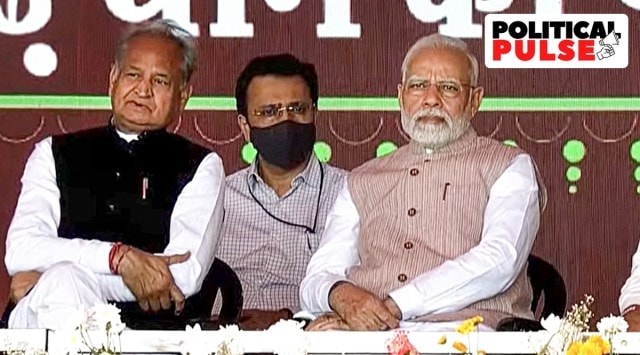 Prime Minister Narendra Modi with Rajasthan Chief Minister Ashok Gehlot and Gujarat Chief Minister Bhupendra Patel during the 'Mangarh Dham Ki Gaurav Gatha' programme, in Banswara. (PTI)