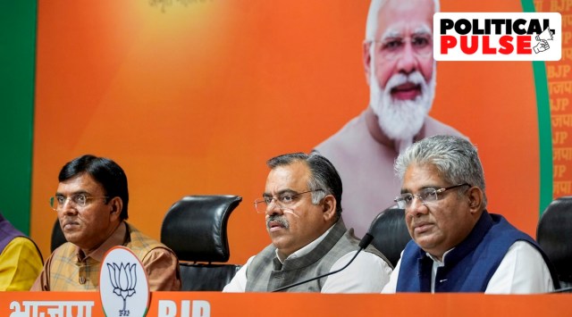 Union Ministers Bhupendra Yadav and Mansukh Mandaviya with BJP National General Secretary Tarun Chugh during the release of list of BJP candidates for Gujarat Assembly elections 2022. (PTI)