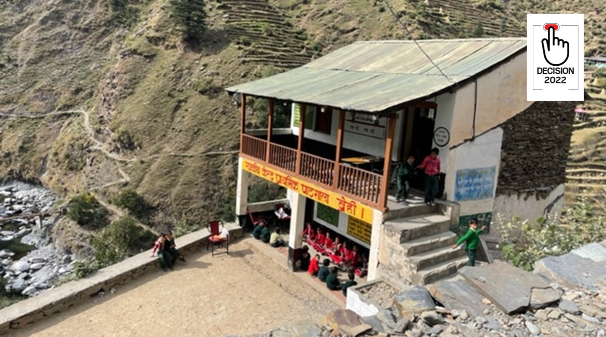 Govt primary school at Brehi in tribal constituency Bharmour of Himachal Pradesh attended by students on Thursday, 10/11/22. The school runs in an 'unsafe' structure that was damaged by rainfall and landslide in 2019. (Express photo by Gurmeet Singh)