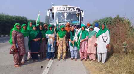 Gurmail Kaur's wife Pritpal Kaur (fifth from the left) along with group of women on their way to Chandigarh on Saturday.
