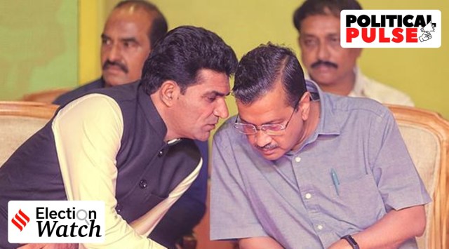 Isudan Gadhvi along with Delhi CM Arvind Kejriwal. (Express photo by Nirmal Harindran)