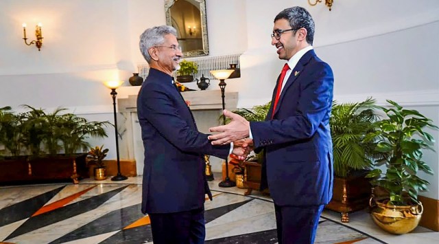 External Affairs Minister S. Jaishankar greets Minister of Foreign Affairs and International Cooperation of the United Arab Emirates, Sheikh Abdullah bin Zayed bin Sultan Al Nahyan, during a meeting, in New Delhi. (PTI)
