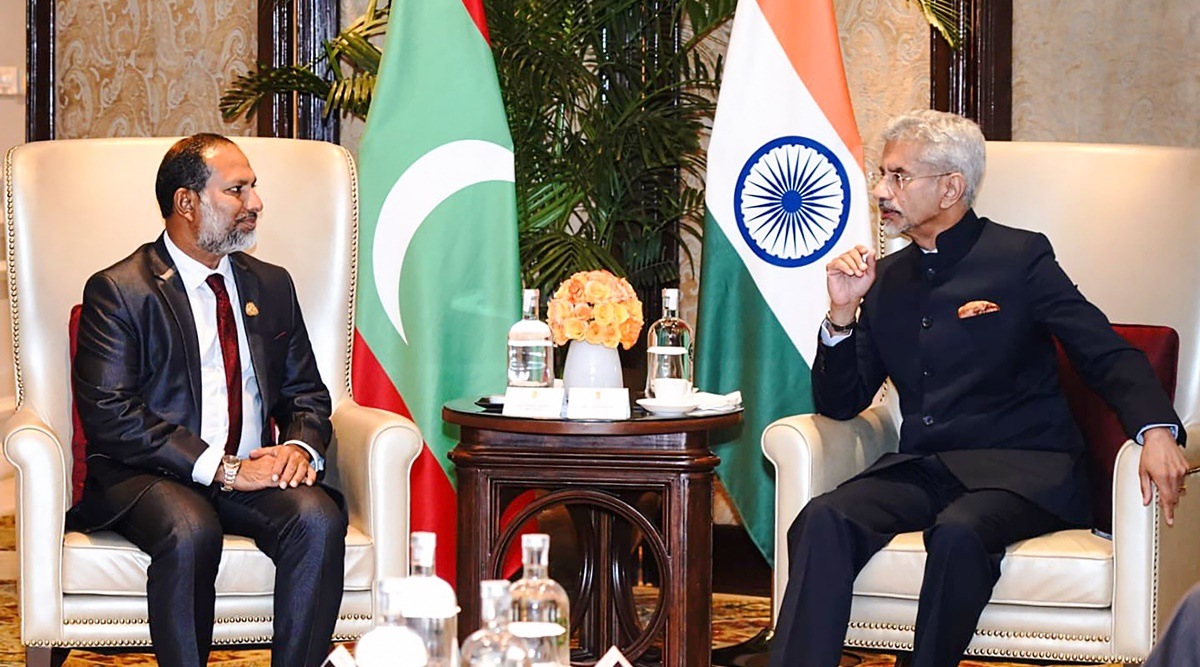 External Affairs Minister S. Jaishankar in a meeting with Minister of Home Affairs of Maldives Imran Abdulla on the sidelines of the third 'No Money for Terror' conference, in New Delhi, Saturday, Nov. 19, 2022. (PTI Photo)