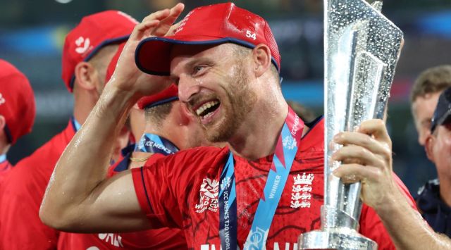 England's captain Jos Buttler celebrates with the trophy after England defeated Pakistan in the final of the T20 World Cup Cricket tournament at the Melbourne Cricket Ground in Melbourne. (AP)