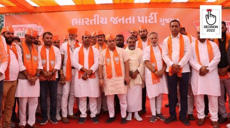 Karni Sena president Raj Shekhawat (fourth from left) and Patidar Anamat Andolan Samiti workers join the BJP in Gandhinagar. (Express Photo)