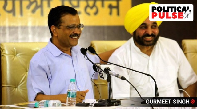With its campaign slogan "Ek Moko Kejriwalne (one chance to Kejriwal)", AAP is also projecting Mann as an extension of the kind of administration a Kejriwal-led party government can provide. (Express Photo)