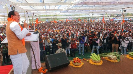 Madhya Pradesh Chief Minister Shivraj Singh Chouhan addresses Bharatiya Kisan Sangh state-level convention in Bhopal on Tuesday. (PTI)