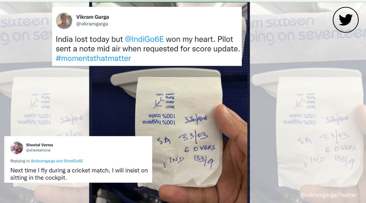 IndiGo airlines, man travelling on IndiGo flight requests for score update, ICC T20 World Cup, Australia, India v South Africa, cricket, viral, trending, Indian Express