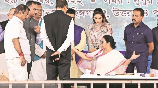 West Bengal CM Mamata Banerjee during a ceremony to distribute blankets in Sundarbans on Tuesday. (Express Photo by Partha Paul)